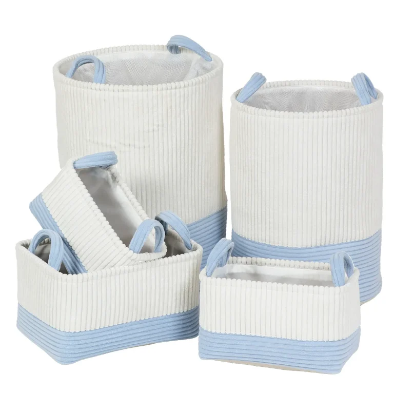 set 5 coș rufe bicolor catifelat alb azur