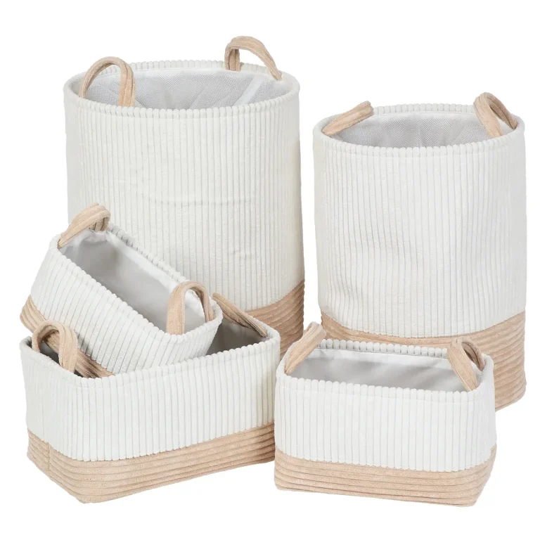 set 5 coș rufe bicolor catifelat alb bej