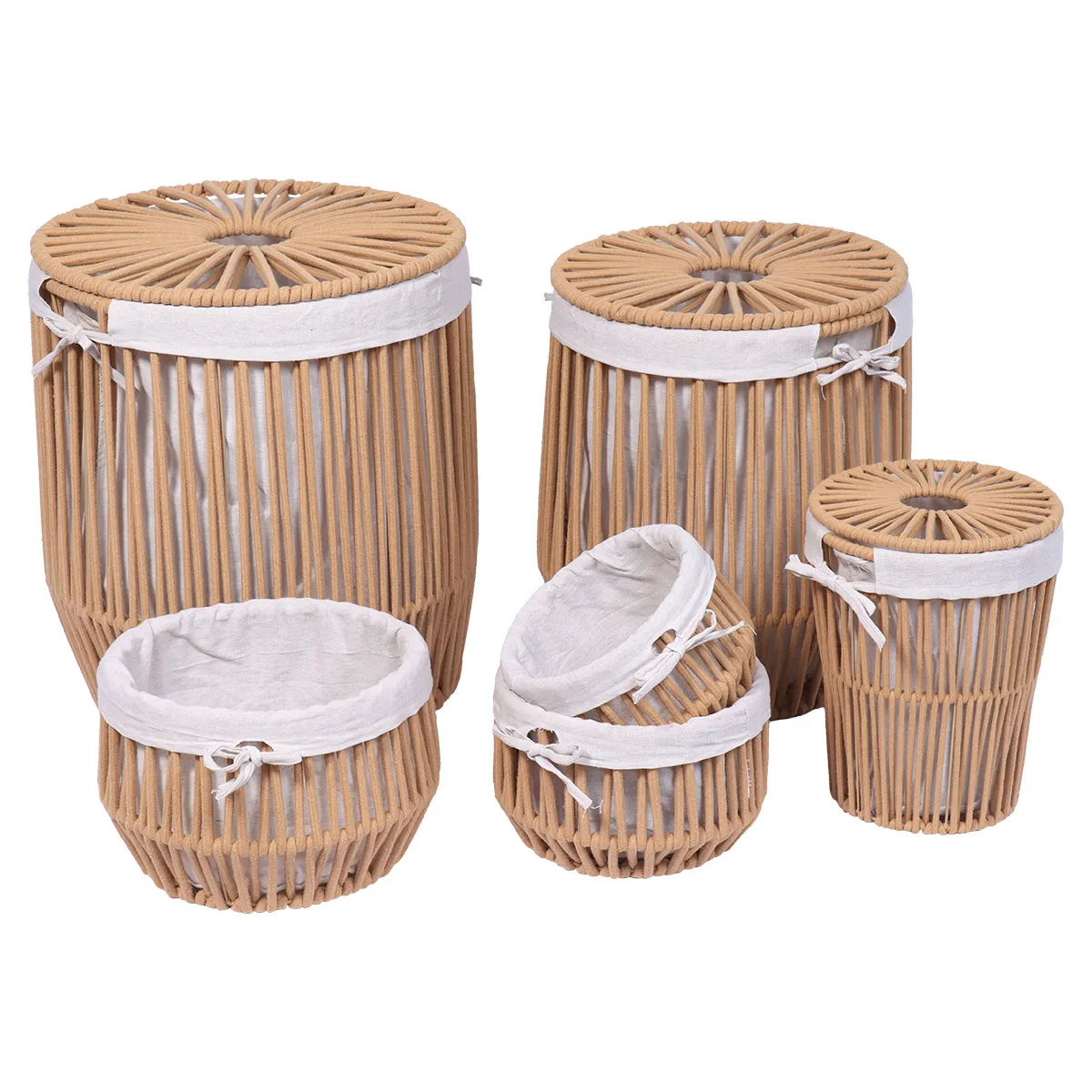 84227165 Set 6 X coș METAL / BUMBAC efect sfoară – Greige | Organizatoare baie set - imagine 1