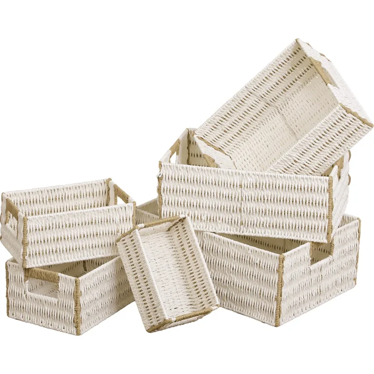 set 6 coș bicolor depozitare metal hârtie alb natural