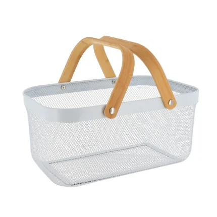 Coș rectangular depozitare 44X29X38 cm METAL / MANER BAMBUS – Alb | Organizatoare baie