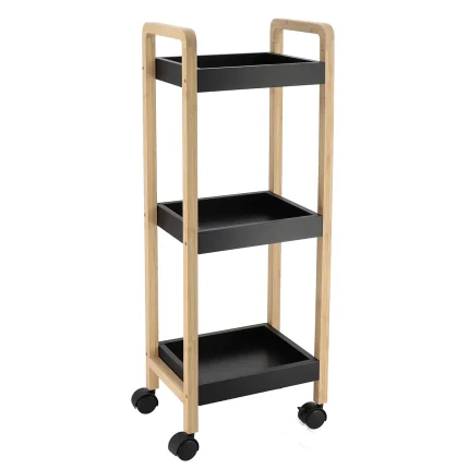 CARUCIOR DIN BAMBUS/MDF CU 3 RAFTURI PE ROTI – BAMBOO / NEGRU | ETAJERE BAIE