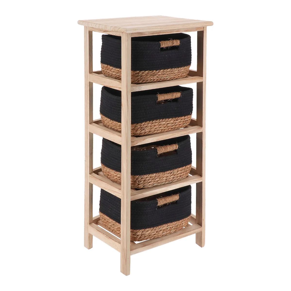 98259103 Corp mobilier lemn 4 coșuri Bumbac/Iarbă de mare 86×37,5×27,5 cm – Natural/Negru | Mobilier depozitare baie - imagine 1