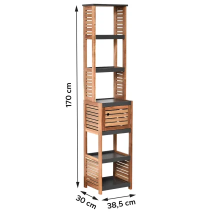 Mobilier baie înalt MDF/ACACIA 1 ușă/5 rafturi 170x30x38,5 cm - Negru / Acacia | Mobilier depozitare baie - imagine 2